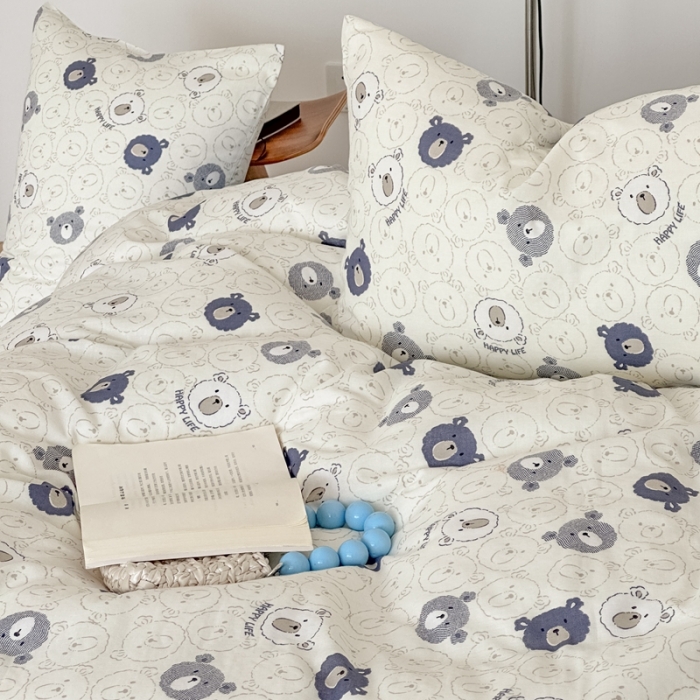 91家纺网 家纺一手货源 找家纺 黛馨 2025新款A类小清新双层纱四件套（实拍）蓝色小熊
