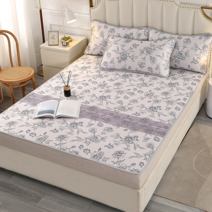 91家纺网 家纺一手货源 找家纺 星窝 2023新款冰柔丝凉席三件套 幸福花灰紫