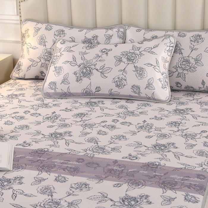 91家纺网 家纺一手货源 找家纺 星窝 2023新款冰柔丝凉席三件套 幸福花灰紫