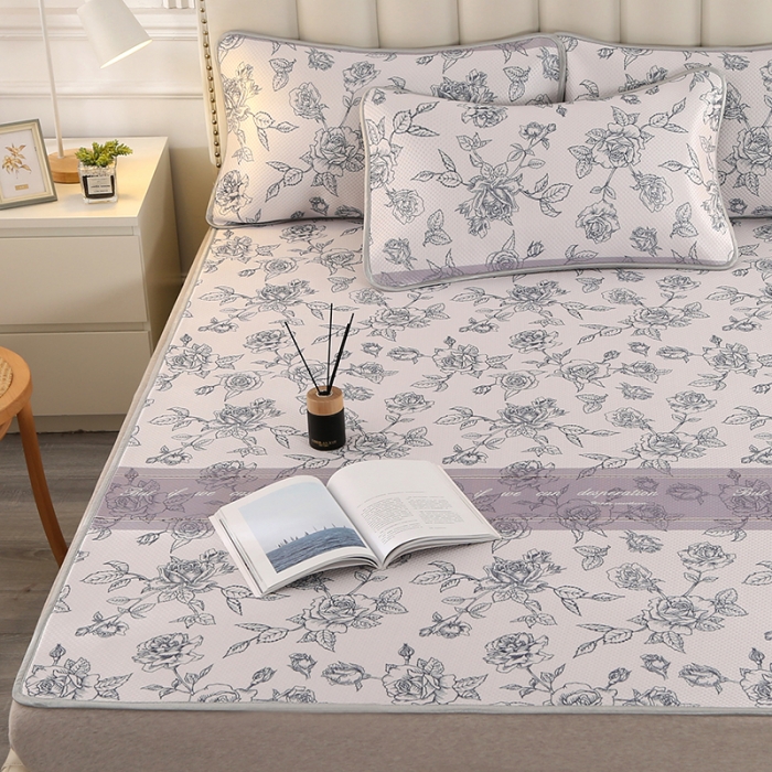 91家纺网 家纺一手货源 找家纺 星窝 2023新款冰柔丝凉席三件套 幸福花灰紫