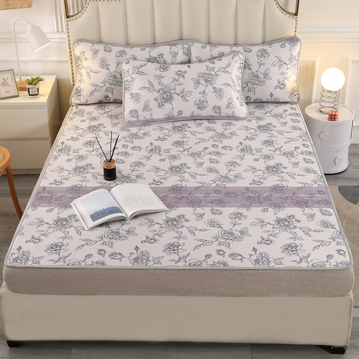 91家纺网 家纺一手货源 找家纺 星窝 2023新款冰柔丝凉席三件套 幸福花灰紫