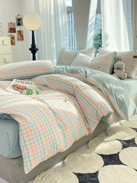 91家纺网 家纺一手货源 找家纺 云家2023新款全棉纯棉水洗棉色织被套单件被罩 冰激凌绿