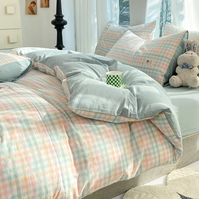 91家纺网 家纺一手货源 找家纺 云家2023新款全棉纯棉水洗棉色织被套单件被罩 冰激凌绿