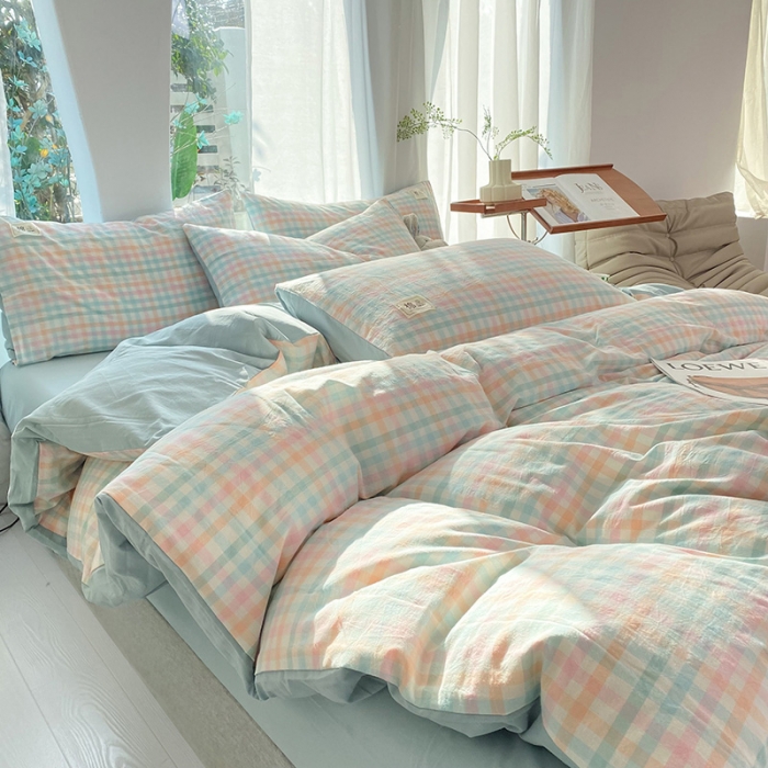 91家纺网 家纺一手货源 找家纺 云家2023新款全棉纯棉水洗棉色织被套单件被罩 冰激凌绿