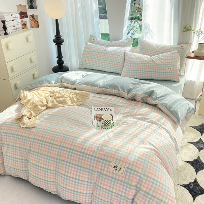 91家纺网 家纺一手货源 找家纺 云家2023新款全棉纯棉水洗棉色织被套单件被罩 冰激凌绿