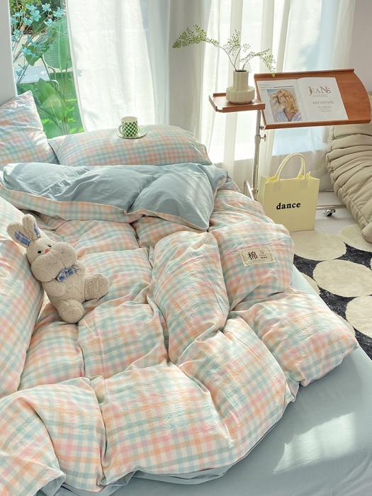 91家纺网 家纺一手货源 找家纺 云家2023新款全棉纯棉水洗棉色织被套单件被罩 冰激凌绿