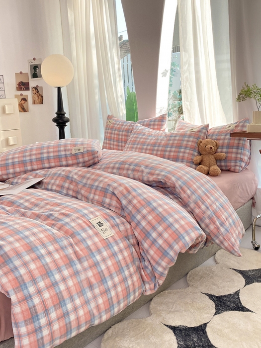 91家纺网 家纺一手货源 找家纺 云家2023新款全棉纯棉水洗棉色织被套单件被罩 云舒粉