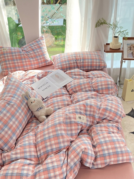 91家纺网 家纺一手货源 找家纺 云家2023新款全棉纯棉水洗棉色织被套单件被罩 云舒粉