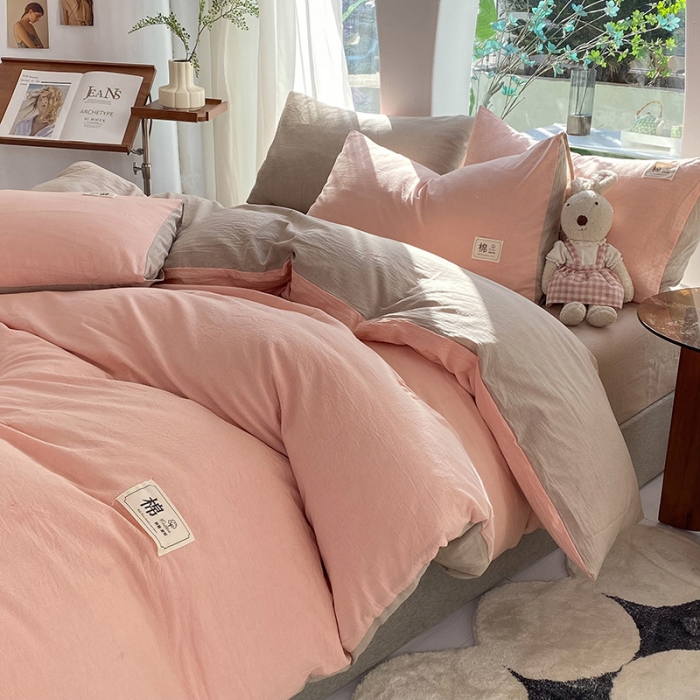 91家纺网 家纺一手货源 找家纺 云家2023新款全棉纯棉水洗棉色织被套单件被罩 豆沙-米灰双拼