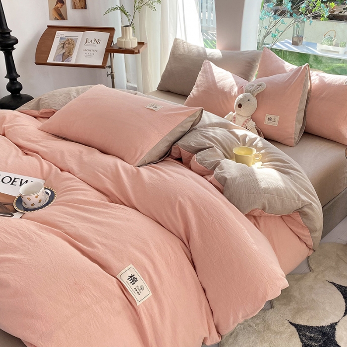 91家纺网 家纺一手货源 找家纺 云家2023新款全棉纯棉水洗棉色织被套单件被罩 豆沙-米灰双拼