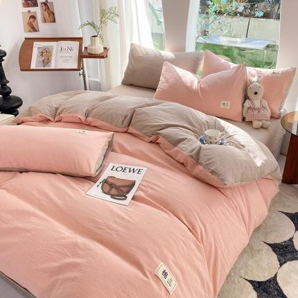 云家2023新款全棉纯棉水洗棉色织被套单件被罩 豆沙-米灰双拼