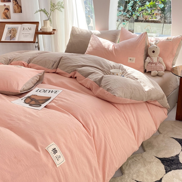 91家纺网 家纺一手货源 找家纺 云家2023新款全棉纯棉水洗棉色织被套单件被罩 豆沙-米灰双拼