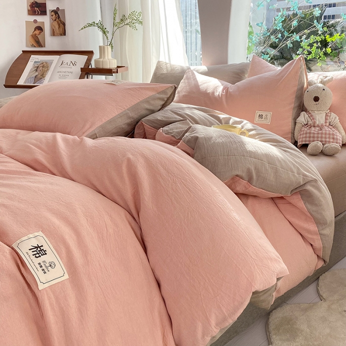 91家纺网 家纺一手货源 找家纺 云家2023新款全棉纯棉水洗棉色织被套单件被罩 豆沙-米灰双拼