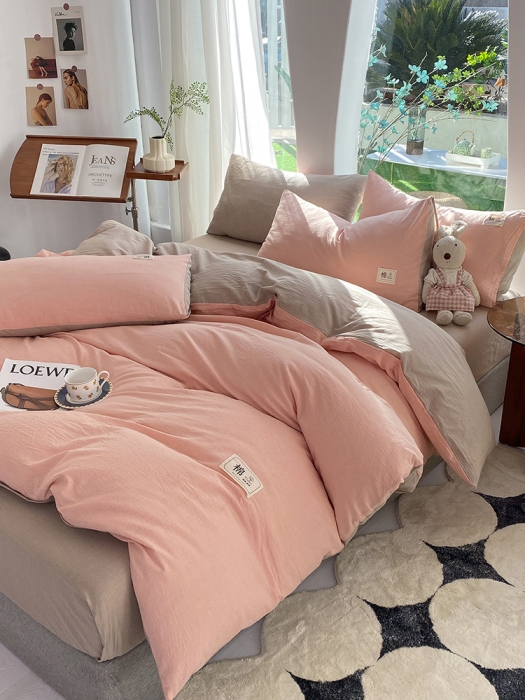 91家纺网 家纺一手货源 找家纺 云家2023新款全棉纯棉水洗棉色织被套单件被罩 豆沙-米灰双拼