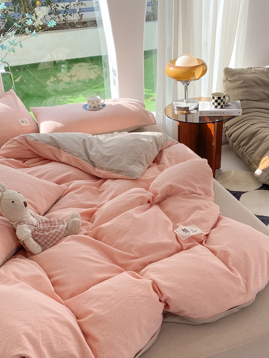 91家纺网 家纺一手货源 找家纺 云家2023新款全棉纯棉水洗棉色织被套单件被罩 豆沙-米灰双拼