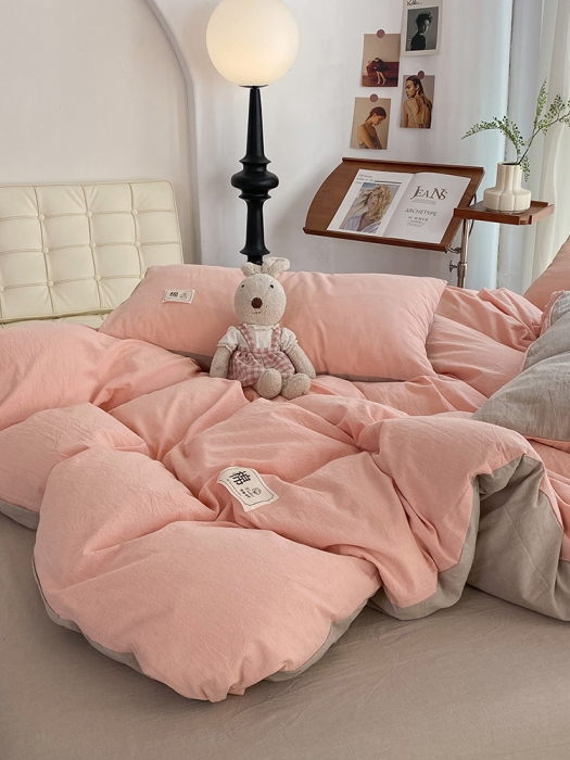 91家纺网 家纺一手货源 找家纺 云家2023新款全棉纯棉水洗棉色织被套单件被罩 豆沙-米灰双拼