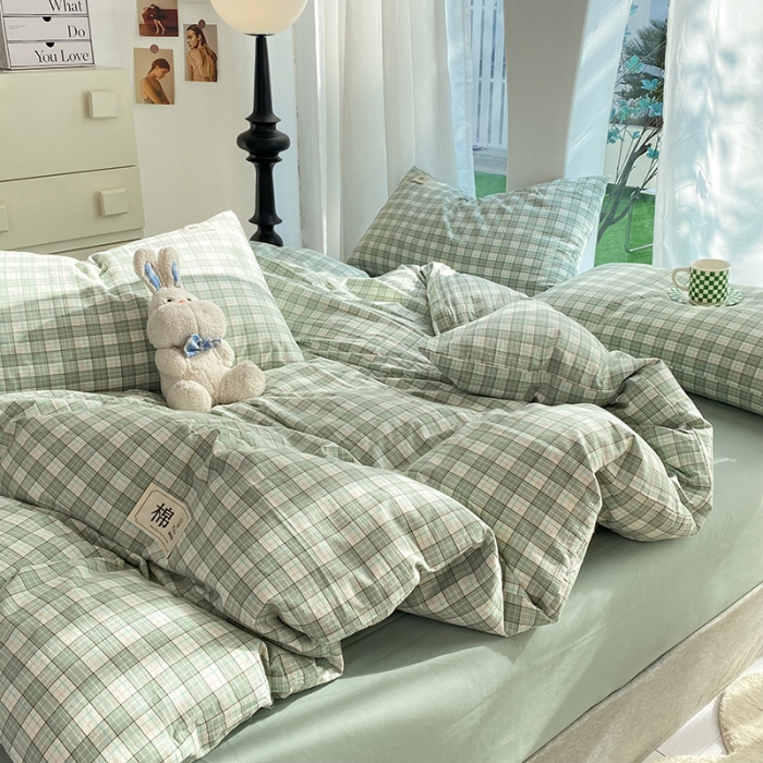 91家纺网 家纺一手货源 找家纺 云家2023新款全棉纯棉水洗棉色织被套单件被罩 法尔曼绿