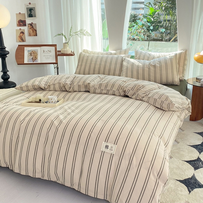 91家纺网 家纺一手货源 找家纺 云家2023新款全棉纯棉水洗棉色织被套单件被罩 复古绿条