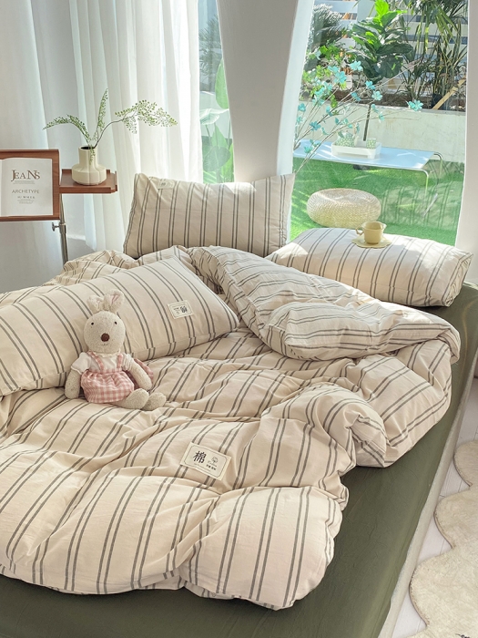 91家纺网 家纺一手货源 找家纺 云家2023新款全棉纯棉水洗棉色织被套单件被罩 复古绿条