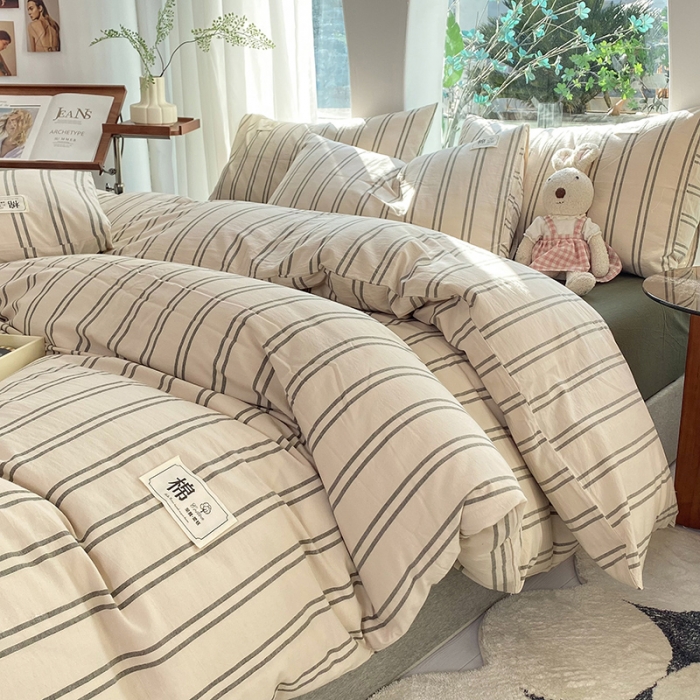 91家纺网 家纺一手货源 找家纺 云家2023新款全棉纯棉水洗棉色织被套单件被罩 复古绿条