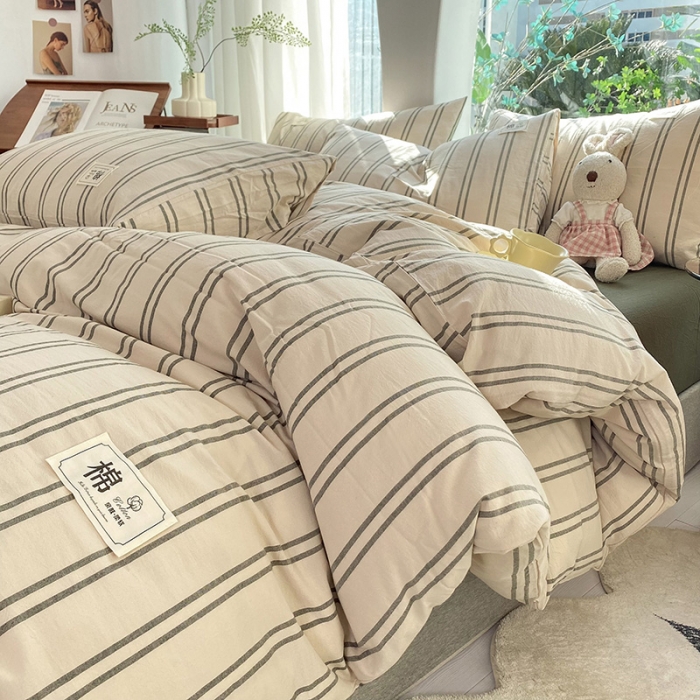 91家纺网 家纺一手货源 找家纺 云家2023新款全棉纯棉水洗棉色织被套单件被罩 复古绿条