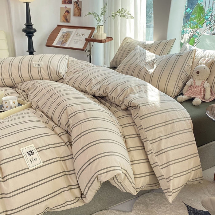 91家纺网 家纺一手货源 找家纺 云家2023新款全棉纯棉水洗棉色织被套单件被罩 复古绿条