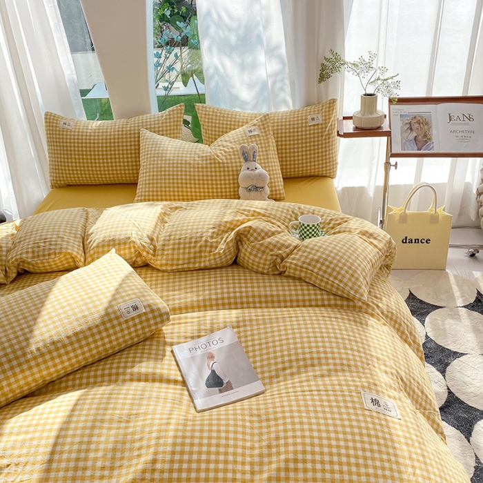 91家纺网 家纺一手货源 找家纺 云家2023新款全棉纯棉水洗棉色织被套单件被罩 黄小格