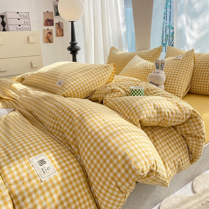 91家纺网 家纺一手货源 找家纺 云家2023新款全棉纯棉水洗棉色织被套单件被罩 黄小格