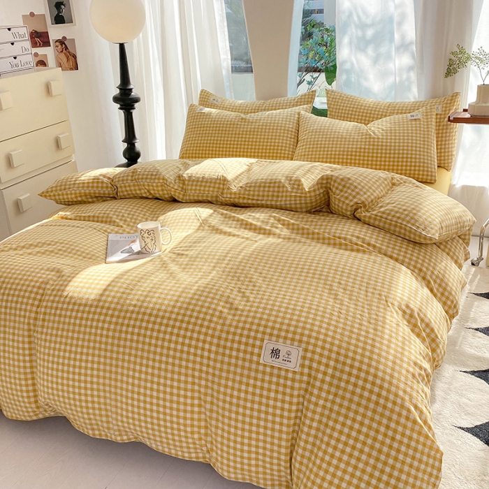91家纺网 家纺一手货源 找家纺 云家2023新款全棉纯棉水洗棉色织被套单件被罩 黄小格