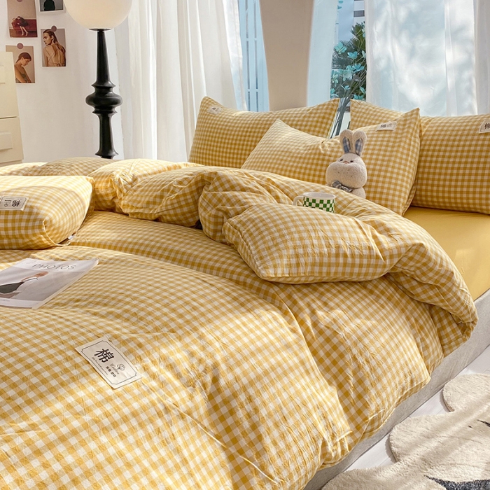 91家纺网 家纺一手货源 找家纺 云家2023新款全棉纯棉水洗棉色织被套单件被罩 黄小格