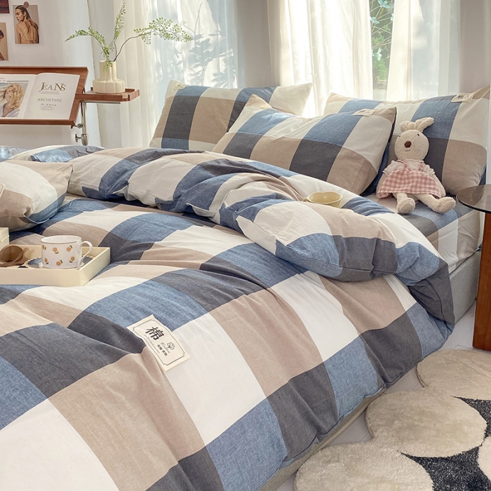 91家纺网 家纺一手货源 找家纺 云家2023新款全棉纯棉水洗棉色织被套单件被罩 蓝大格