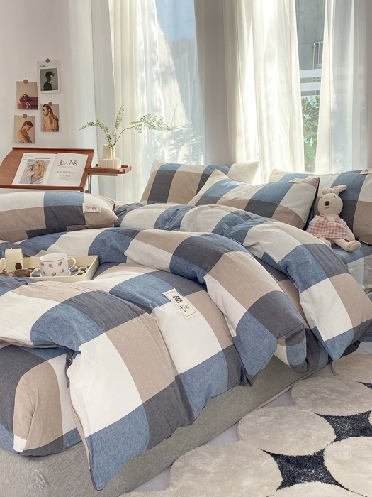 91家纺网 家纺一手货源 找家纺 云家2023新款全棉纯棉水洗棉色织被套单件被罩 蓝大格