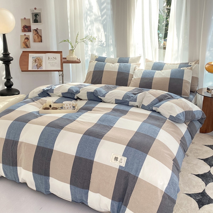 91家纺网 家纺一手货源 找家纺 云家2023新款全棉纯棉水洗棉色织被套单件被罩 蓝大格