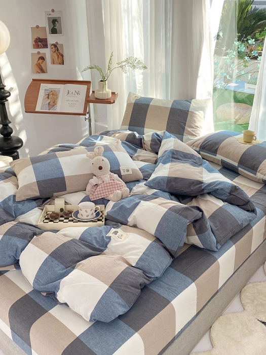 91家纺网 家纺一手货源 找家纺 云家2023新款全棉纯棉水洗棉色织被套单件被罩 蓝大格