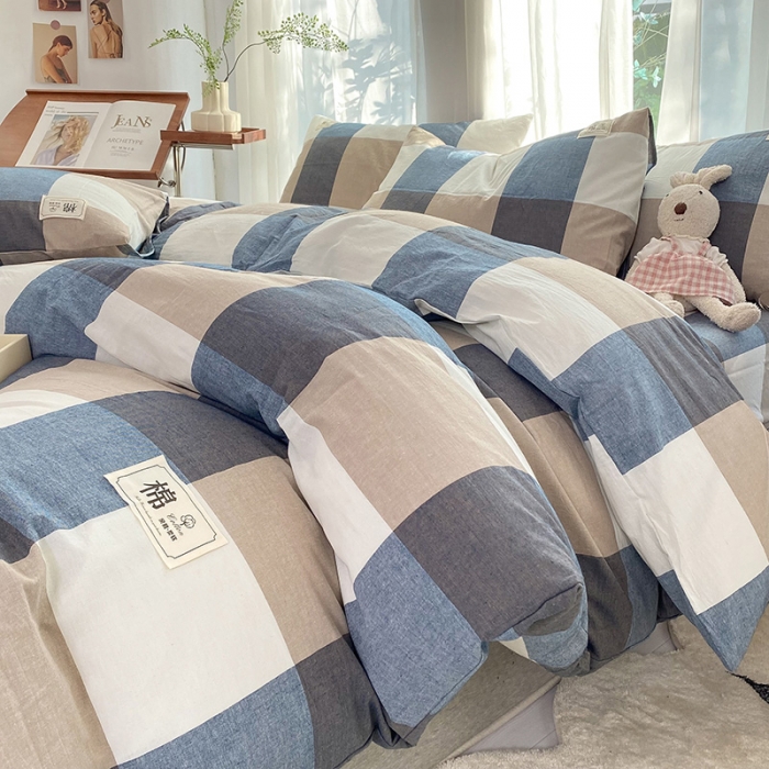 91家纺网 家纺一手货源 找家纺 云家2023新款全棉纯棉水洗棉色织被套单件被罩 蓝大格