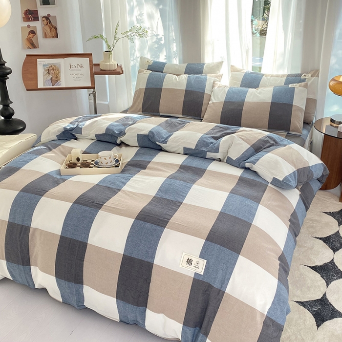 91家纺网 家纺一手货源 找家纺 云家2023新款全棉纯棉水洗棉色织被套单件被罩 蓝大格