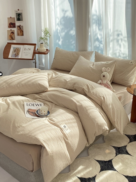 91家纺网 家纺一手货源 找家纺 云家2023新款全棉纯棉水洗棉色织被套单件被罩 米细条