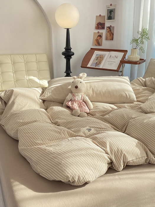 91家纺网 家纺一手货源 找家纺 云家2023新款全棉纯棉水洗棉色织被套单件被罩 米细条