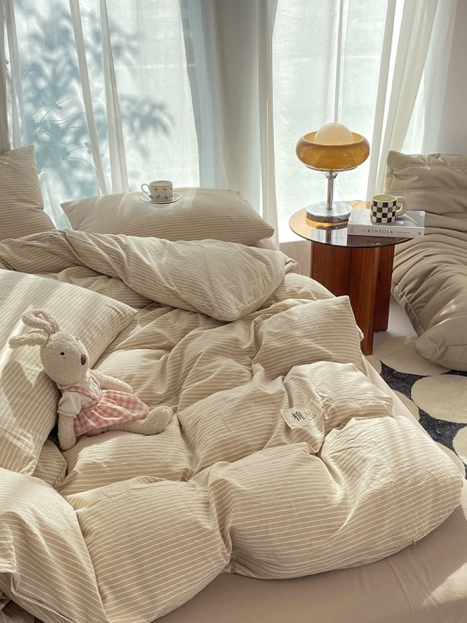 91家纺网 家纺一手货源 找家纺 云家2023新款全棉纯棉水洗棉色织被套单件被罩 米细条