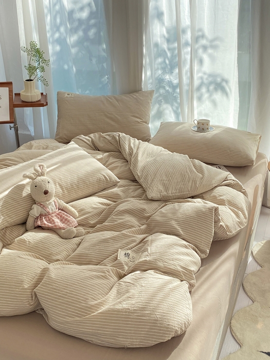 91家纺网 家纺一手货源 找家纺 云家2023新款全棉纯棉水洗棉色织被套单件被罩 米细条