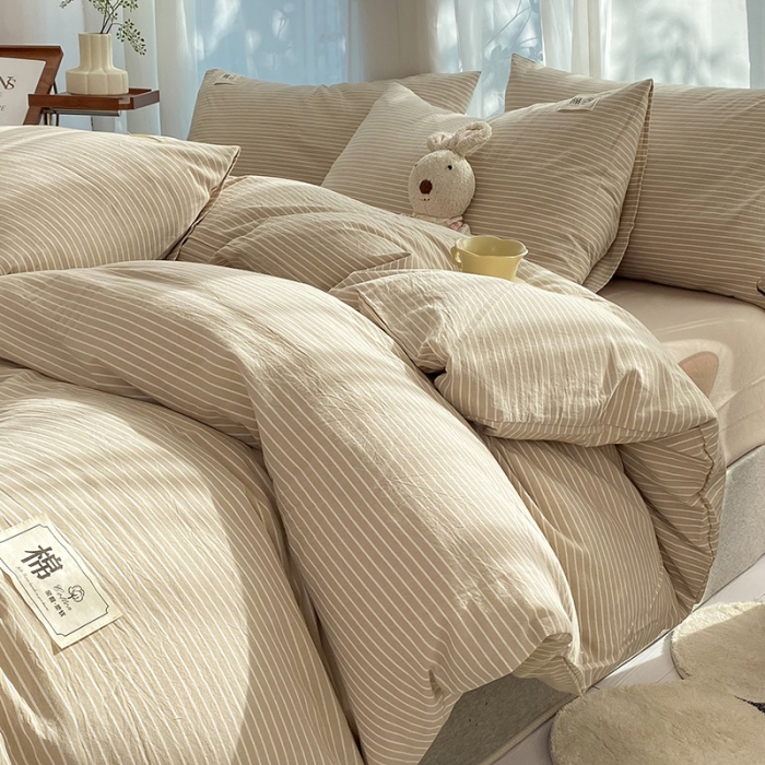 91家纺网 家纺一手货源 找家纺 云家2023新款全棉纯棉水洗棉色织被套单件被罩 米细条