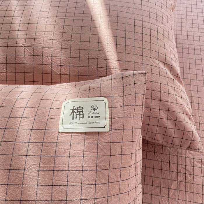 91家纺网 家纺一手货源 找家纺 云家2023新款全棉纯棉水洗棉色织被套单件被罩 粉小格
