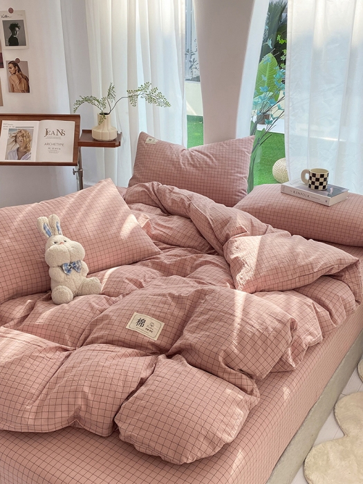 91家纺网 家纺一手货源 找家纺 云家2023新款全棉纯棉水洗棉色织被套单件被罩 粉小格