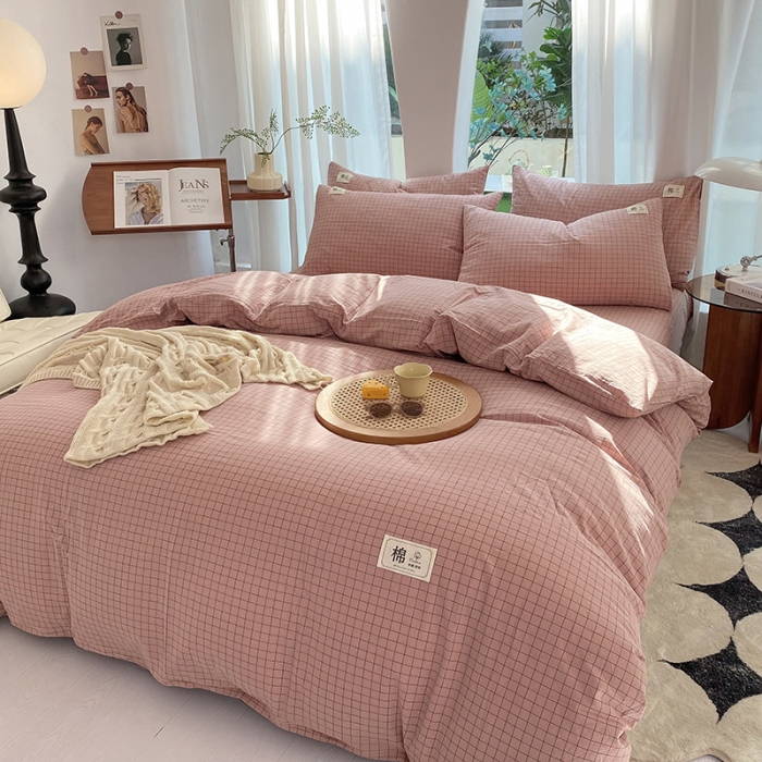 91家纺网 家纺一手货源 找家纺 云家2023新款全棉纯棉水洗棉色织被套单件被罩 粉小格