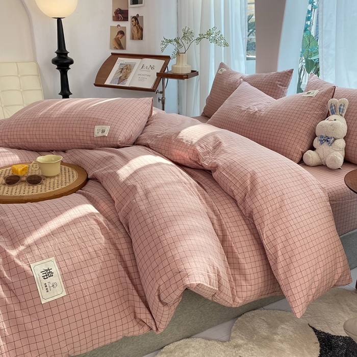 91家纺网 家纺一手货源 找家纺 云家2023新款全棉纯棉水洗棉色织被套单件被罩 粉小格