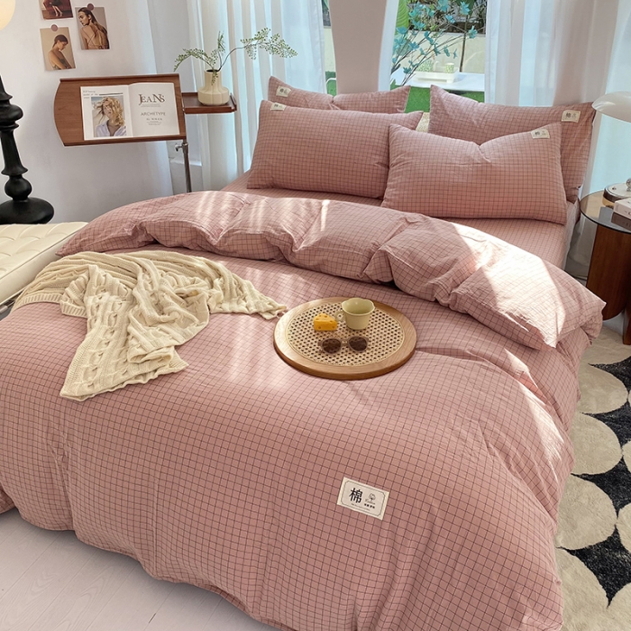 91家纺网 家纺一手货源 找家纺 云家2023新款全棉纯棉水洗棉色织被套单件被罩 粉小格