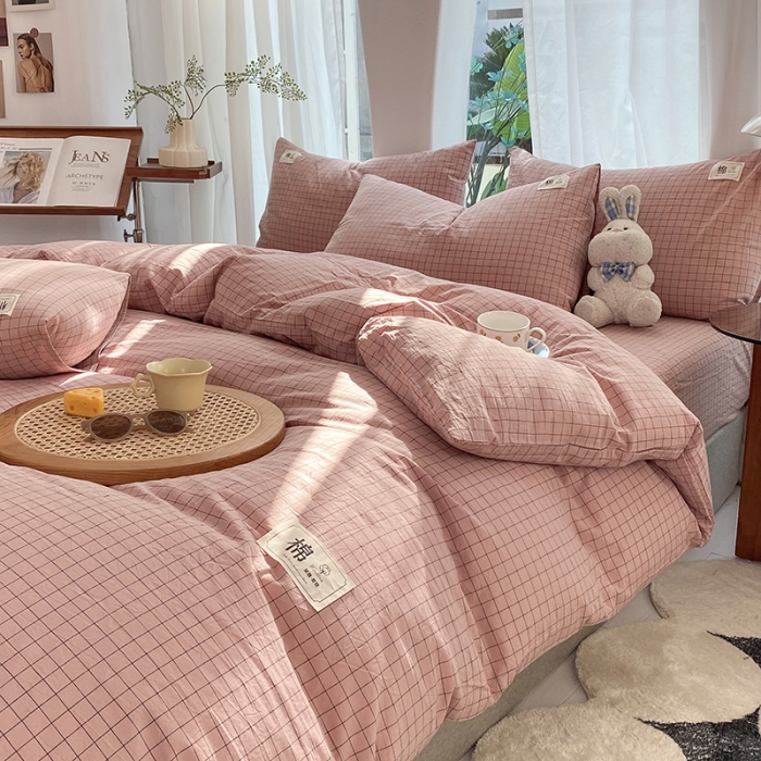 91家纺网 家纺一手货源 找家纺 云家2023新款全棉纯棉水洗棉色织被套单件被罩 粉小格