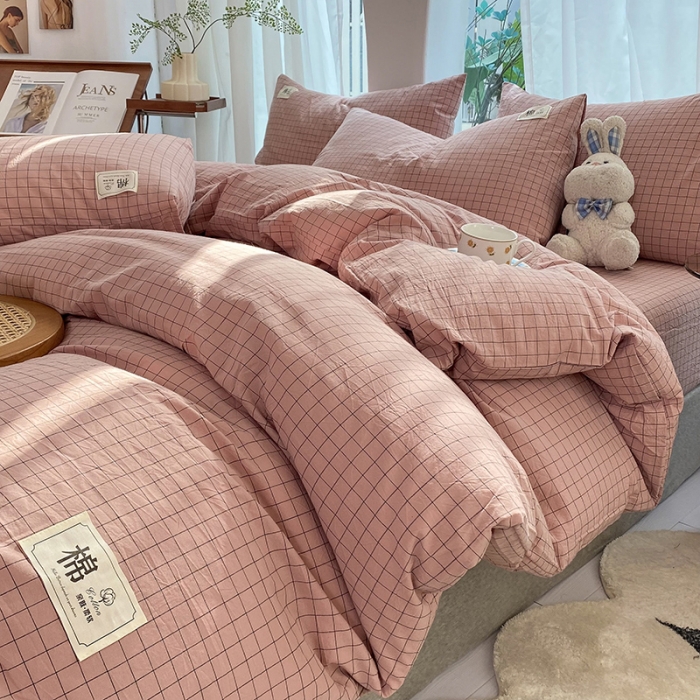 91家纺网 家纺一手货源 找家纺 云家2023新款全棉纯棉水洗棉色织被套单件被罩 粉小格