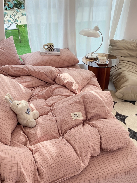 91家纺网 家纺一手货源 找家纺 云家2023新款全棉纯棉水洗棉色织被套单件被罩 粉小格