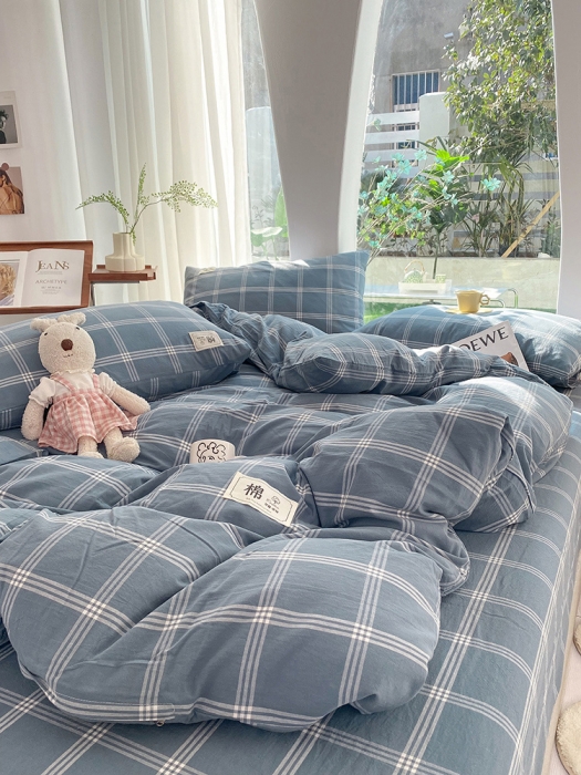 91家纺网 家纺一手货源 找家纺 云家2023新款全棉纯棉水洗棉色织被套单件被罩 海蓝大格